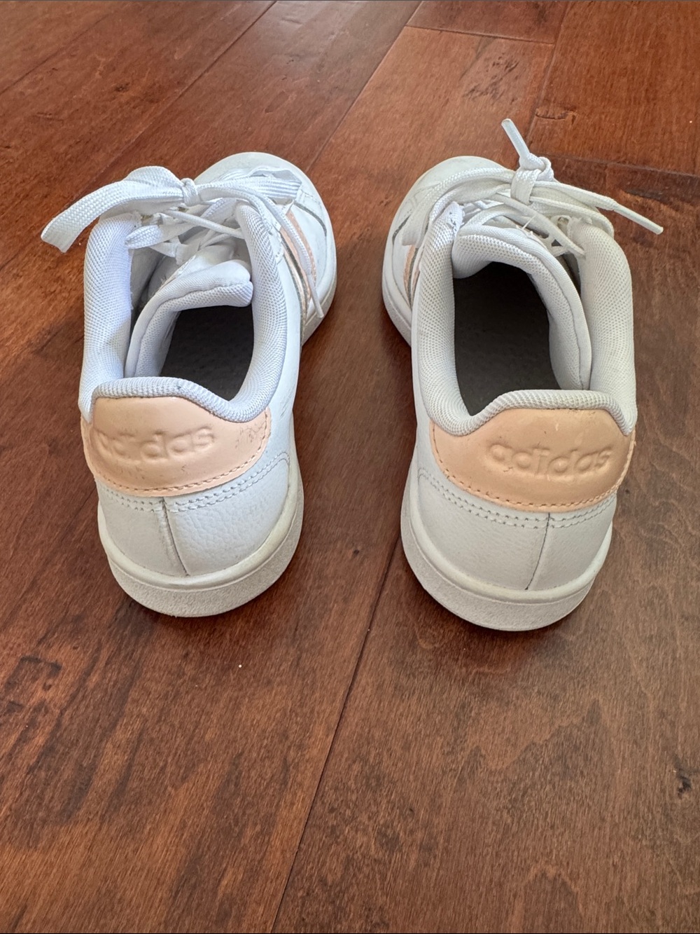 Adidas Athleisure White Sneakers with Pale Pink Peach Stripes - Picture 3 of 4